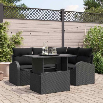 Conjunto de sofá de jardín con cojín 5 pcs Negro Poliratán