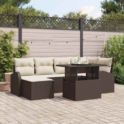Conjunto de sofá de jardín con cojín 7 pcs Marrón y crema