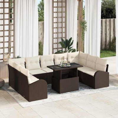 Conjunto de sofá de jardín con cojín 10 pcs Marrón y crema