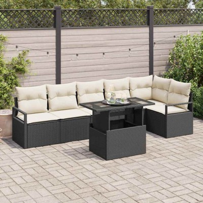 Conjunto de sofá de jardín con cojín 7 pcs Negro Poliratán