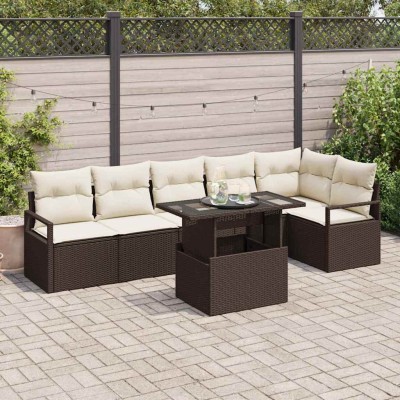 Conjunto de sofá de jardín con cojín 7 pcs Marrón Poliratán