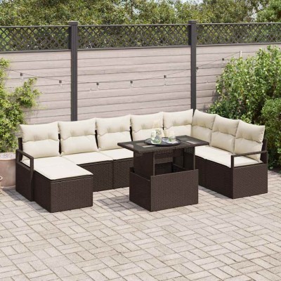 Conjunto de sofá de jardín con cojín 9 pcs Marrón y crema