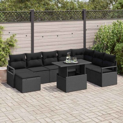Conjunto de sofá de jardín con cojín 9 pcs Negro