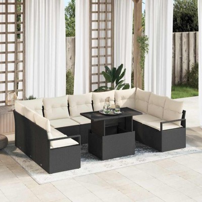 Conjunto de sofá de jardín con cojín 10 pcs Negro y crema