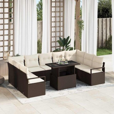 Conjunto de sofá de jardín con cojín 10 pcs Marrón y crema