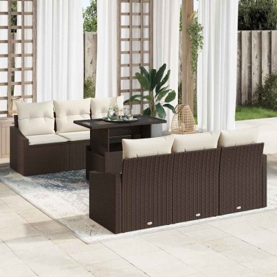 Conjunto de sofá de jardín con cojín 7 pcs Marrón y crema