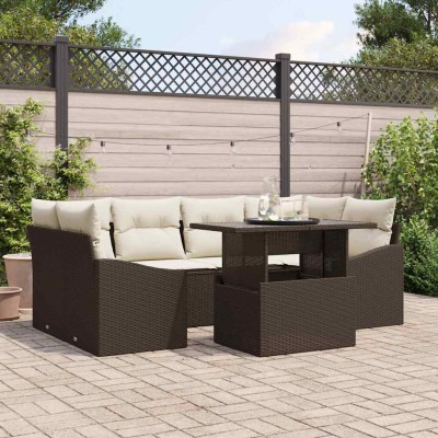 Conjunto de sofá de jardín con cojín 7 pcs Marrón y crema