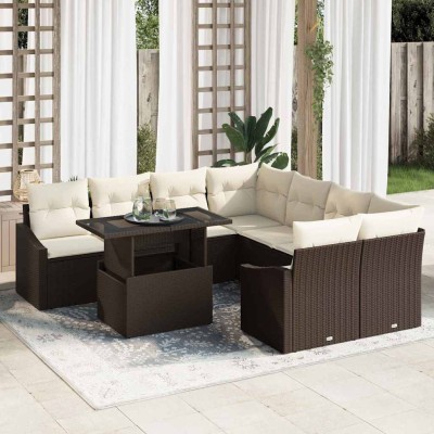 Conjunto de sofá de jardín con cojín 9 pcs Marrón y crema