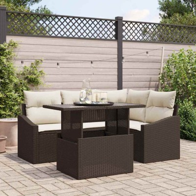 Conjunto de sofá de jardín con cojín 5 pcs Marrón y crema