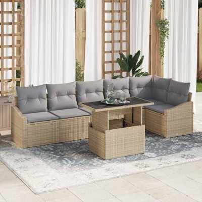 Conjunto de sofá de jardín con cojín 7 pcs beige y gris claro