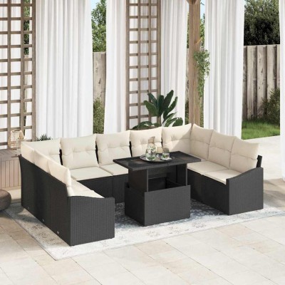 Conjunto de sofá de jardín con cojín 10 pcs Negro y crema