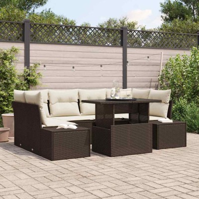 Conjunto de sofá de jardín con cojín 7 pcs Marrón y crema
