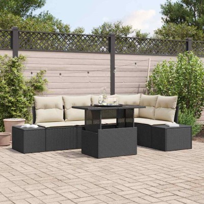 Conjunto de sofá de jardín con cojín 6 pcs Negro Poliratán