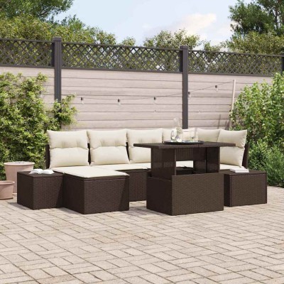 Conjunto de sofá de jardín con cojín 7 pcs Marrón y crema
