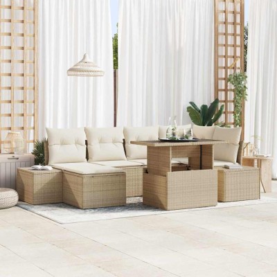 Conjunto de sofá de jardín con cojín 7 pcs beige y crema