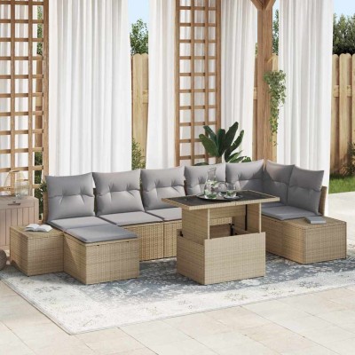 Conjunto de sofá de jardín con cojín 8 pcs beige y gris claro