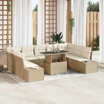 Conjunto de sofá de jardín con cojín 10 pcs beige y crema