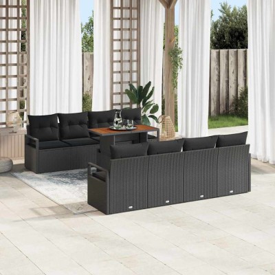 Conjunto de sofá de jardín con cojín 9 pcs Negro y Marrón
