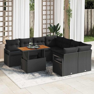 Conjunto de Comedor de Jardín con cojín 9 pcs Negro y Marrón
