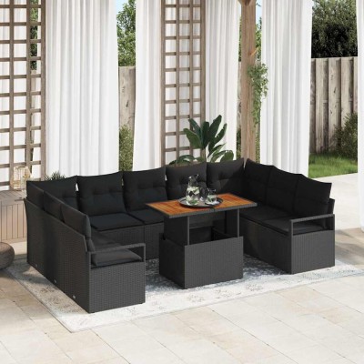 Conjunto de sofá de jardín con cojín 10 pcs Negro y Marrón