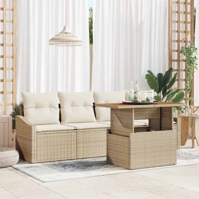 Conjunto de sofá de jardín con cojín 5 pcs Beige Poliratán