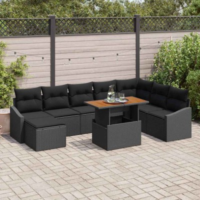 Conjunto de Comedor de Jardín con cojín 9 pcs Negro y Marrón