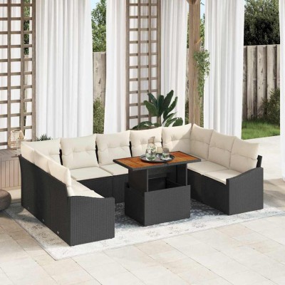 Conjunto de Comedor de Jardín con cojín 10 pcs Negro y crema