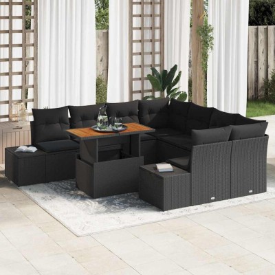 Conjunto de Comedor de Jardín con cojín 9 pcs Negro y Marrón
