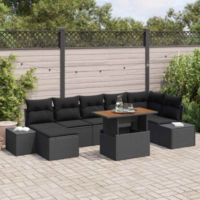 Conjunto de sofá de jardín con cojín 8 pcs Negro y Marrón