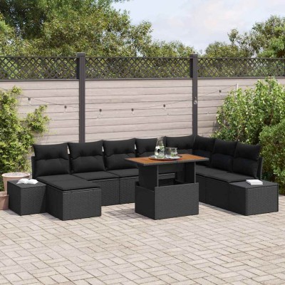 Conjunto de Comedor de Jardín con cojín 9 pcs Negro y Marrón