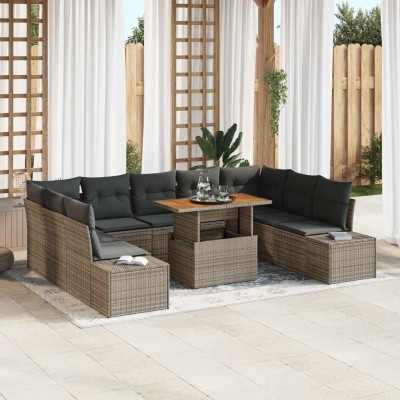 Conjunto de Comedor de Jardín con cojín 10 pcs Gris y marrón
