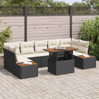 Conjunto de Comedor de Jardín con cojín 8 pcs Negro y Beige