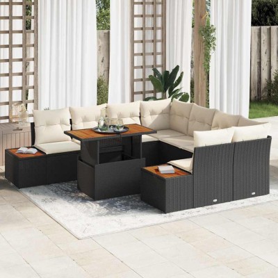 Conjunto de Comedor de Jardín con cojín 9 pcs Negro y Beige