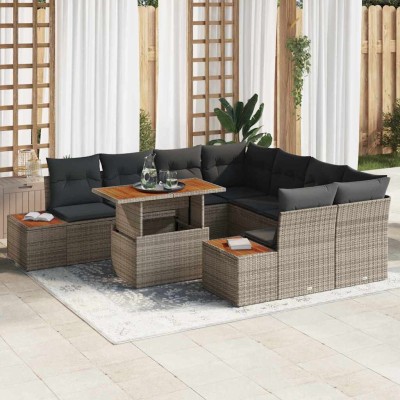 Conjunto de Comedor de Jardín con cojín 9 pcs Gris y marrón