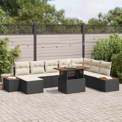 Conjunto de Comedor de Jardín con cojín 9 pcs Negro y Beige