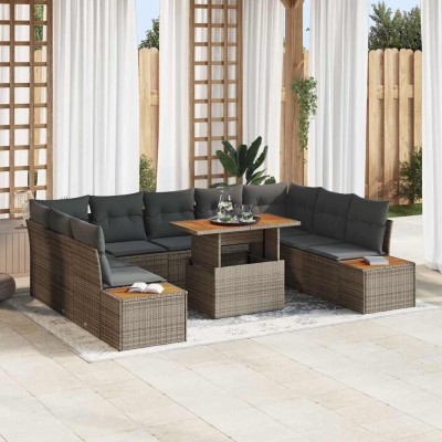Conjunto de Comedor de Jardín con cojín 10 pcs Gris y marrón