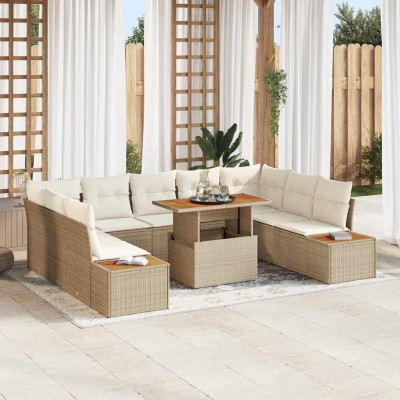 Conjunto de Comedor de Jardín con cojín 10 pcs Beige y Crema