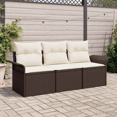 Conjunto de sofá de jardín con cojín 3 pcs Marrón Poliratán