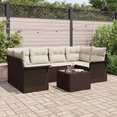 Conjunto de sofá de jardín 7 pcs Marrón y crema 55 x 55 x 37 cm