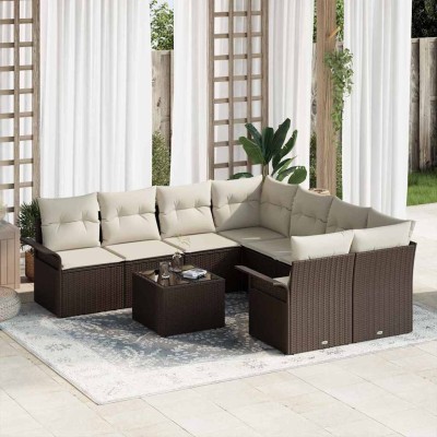 Conjunto de sofá de jardín 9 pcs Marrón y crema 55 x 55 x 37 cm