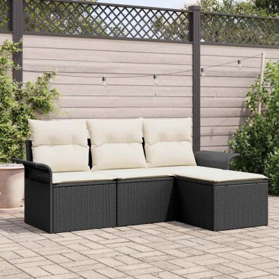 Conjunto de sofá de jardín con cojín 4 pcs Negro Poliratán