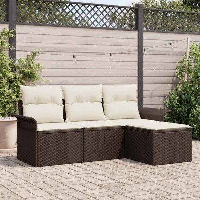 Conjunto de sofá de jardín con cojín 4 pcs Marrón Poliratán
