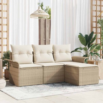 Conjunto de sofá de jardín con cojín 4 pcs Beige Poliratán