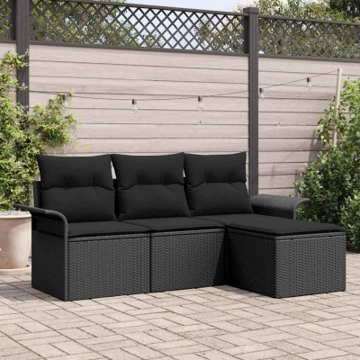 Conjunto de sofá de jardín con cojín 4 pcs Negro Poliratán