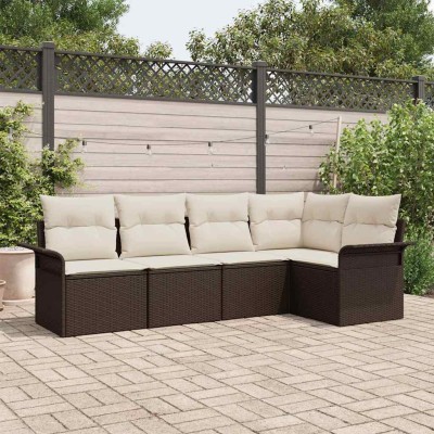 Conjunto de sofá de jardín con cojín 5 pcs Marrón Poliratán