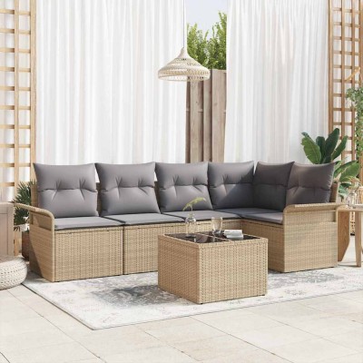 Conjunto de sofá de jardín con cojín 6 pcs Beige Poliratán