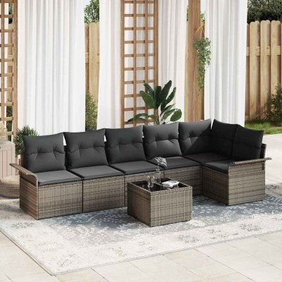 Conjunto de sofá de jardín con cojín 7 pcs Gris Poliratán