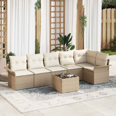 Conjunto de sofá de jardín con cojín 7 pcs Beige Poliratán