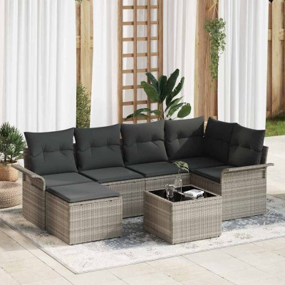 Conjunto de sofá de jardín con cojín 7 pcs Gris claro Poliratán