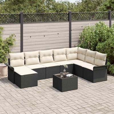Conjunto de sofá de jardín con cojín 9 pcs Marrón Poliratán